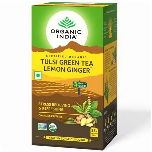 Зеленый чай Тулси с лимоном и имбирем Органик Индия (Tulsi Green Tea Lemon Ginger Organic India) 25 пакетиков по 1.8 г