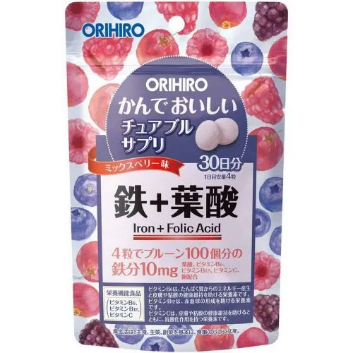 Железо и Фолиевая кислота, вкус ягод (Iron & Folic acid Orihiro) 60 г (120 табл. / 500 мг)