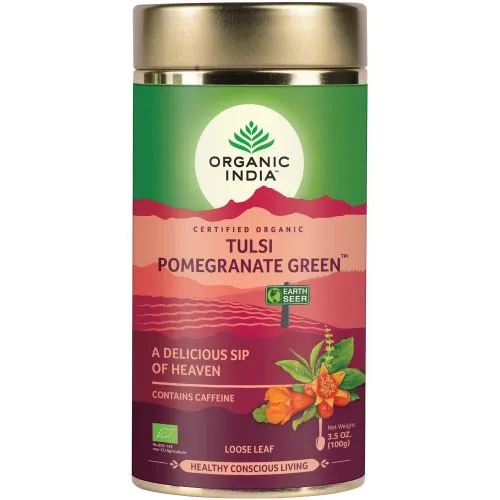 Зеленый чай, Тулси, Гибискус, Гранат с ароматом Малины (Tulsi Pomegranate Green Tea Organic India) 100 г